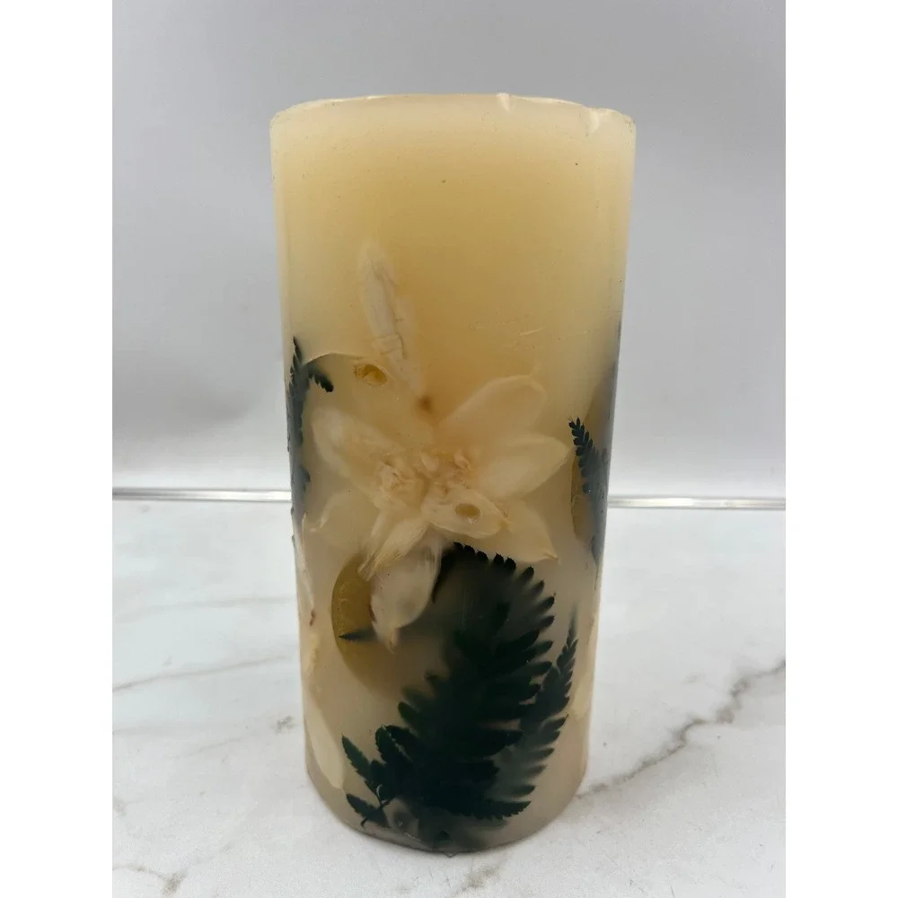 Pottery Barn Botanical Pillar Candle 4x8 Pressed Flower Fern Unscented Cream